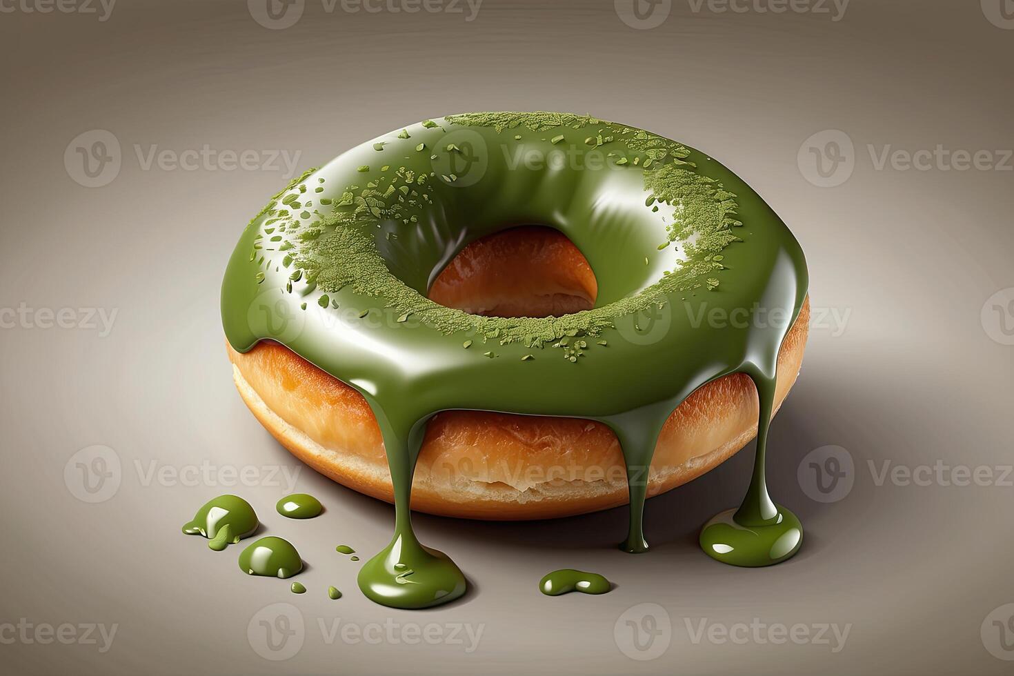 AI generated a doughnut with green icing and drips on a brown surface photo