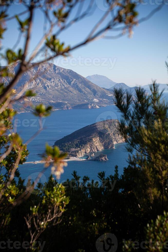 Winter sea colorful landscape with the blue water of the Adriatic Sea and the island of St. Nikola near the town of Budva in Montenegro. View from above through the trees. Vertical photo