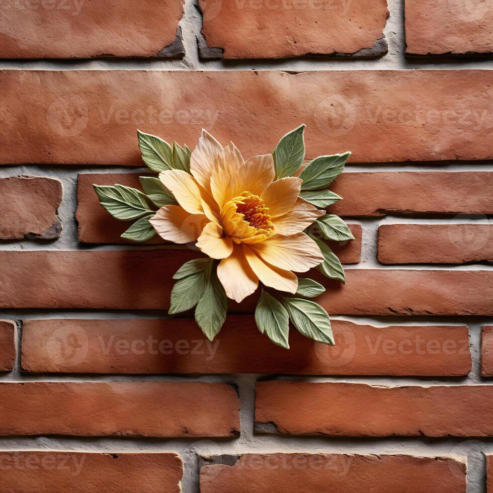 AI generated Yellow dried flower on brick wall, vintage background, floral design for wallpaper, antique, greeting card, floral arrangements, texture, craft, scrapbook, spring photo