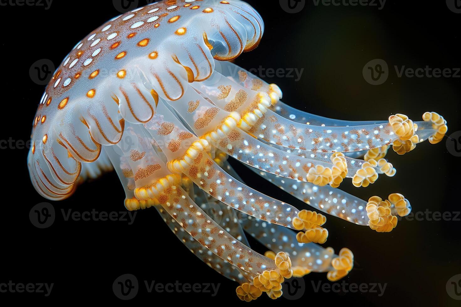 AI generated The marine jellyfish glows with luminescent against of the dark sea professional photography photo