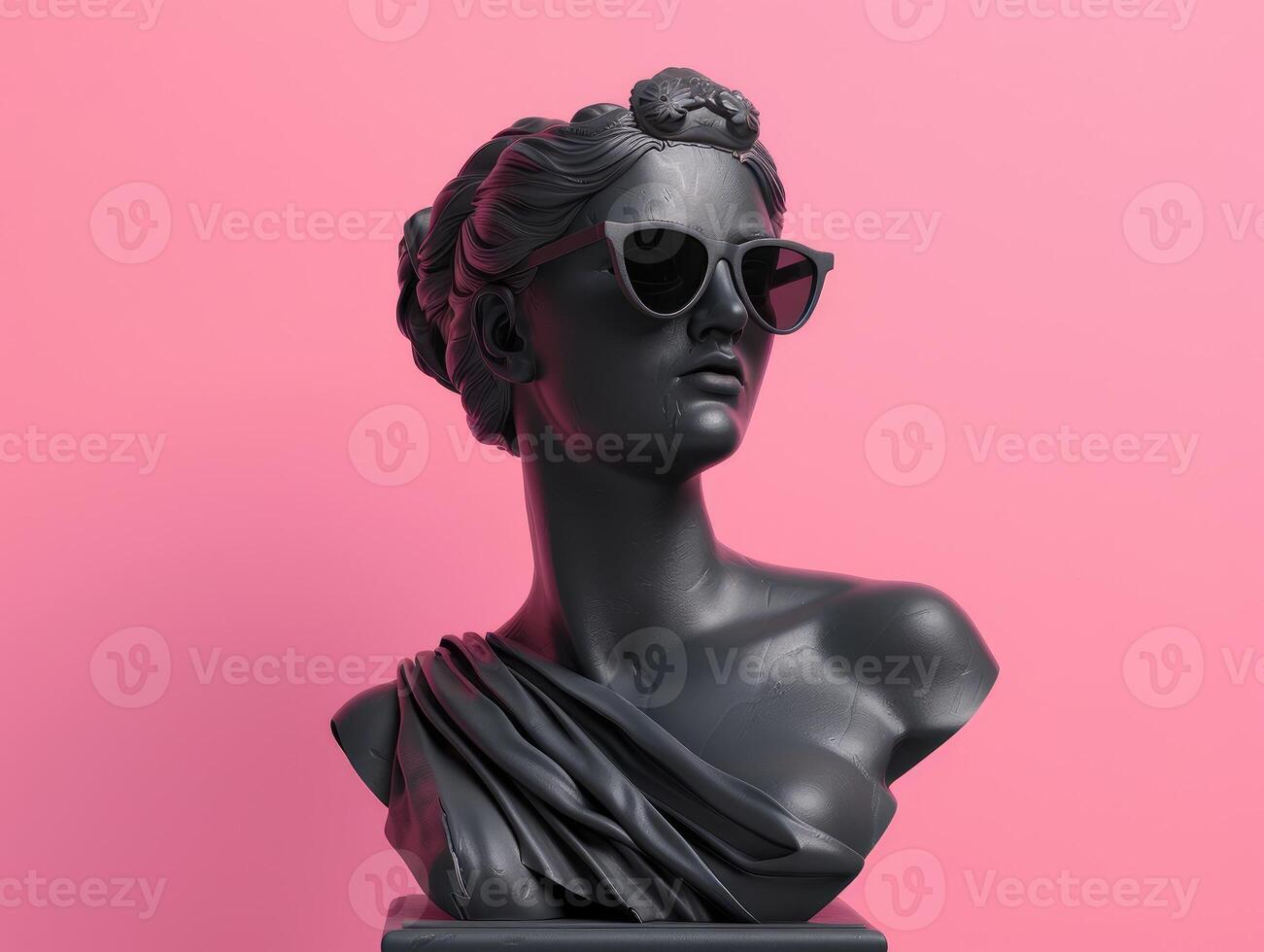 ai generado antiguo griego hembra negro de colores estatua vistiendo Gafas de sol. Roca escultura de mujer cabeza en rosado antecedentes para moderno Arte. elemento para collages en el y2k estilo. diosa yeso arcilla foto