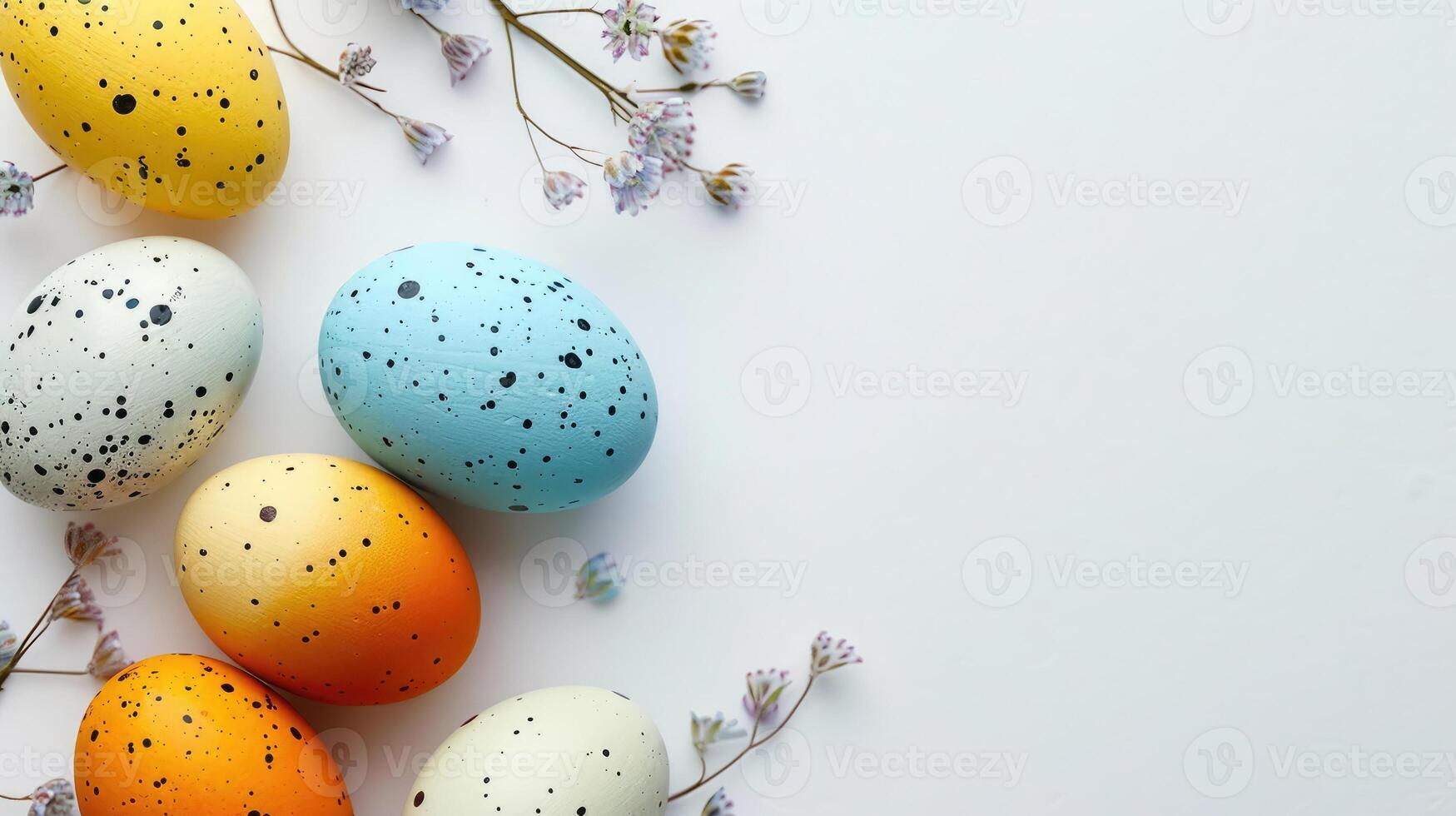 AI generated Pastel Easter eggs with Flowers on white background top view. Flat lay of holiday spring food on horizontal banner photo