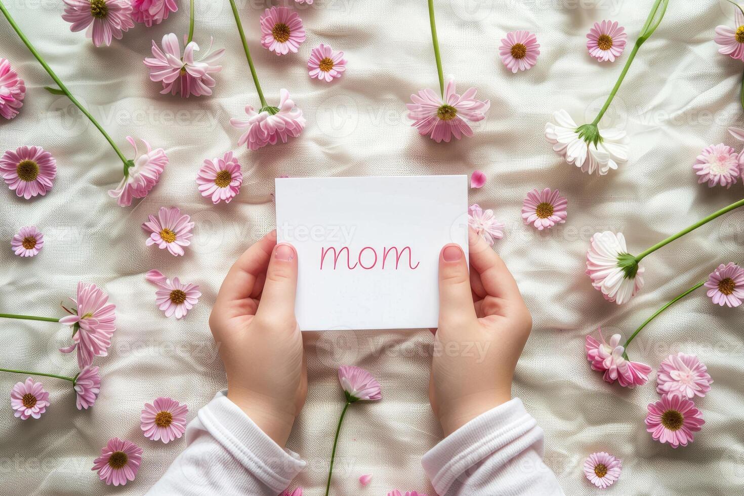 AI generated Happy Mother's Day or International Day of Families. Top view of children's hands holding card with text Mom on background of pink flowers photo