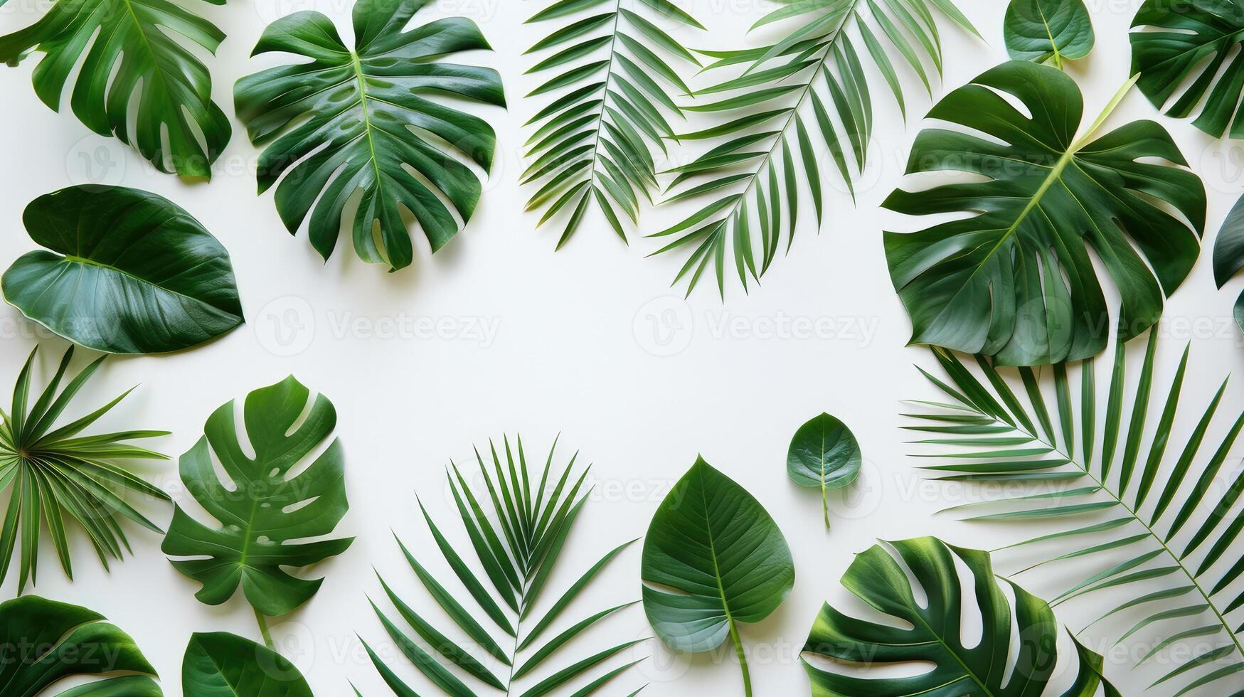 AI generated Flat lay of Tropical Leaves on white background. Top view of green foliage. Summer banner template with copy space. Creative nature Layout made of Palm photo