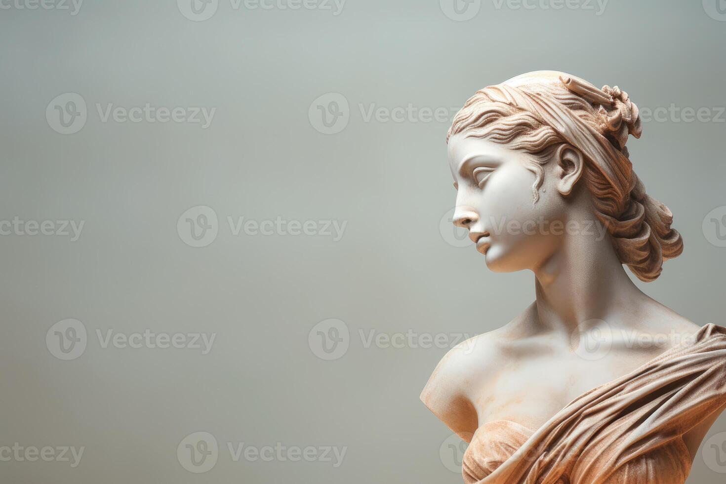 AI generated Ancient Greek Sculpture of Woman with wreath on her Head on gray background with Copy space. Beautiful female statue for modern art in y2k style photo
