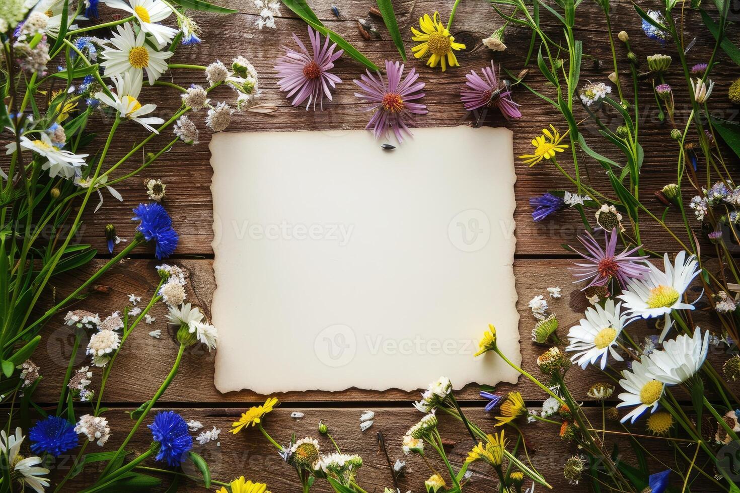 AI generated Blank white card sheet aged edges on wooden table with meadow spring flowers around, top view. Festive floral summer mockup for invitations and contact. Springtime background copy space photo