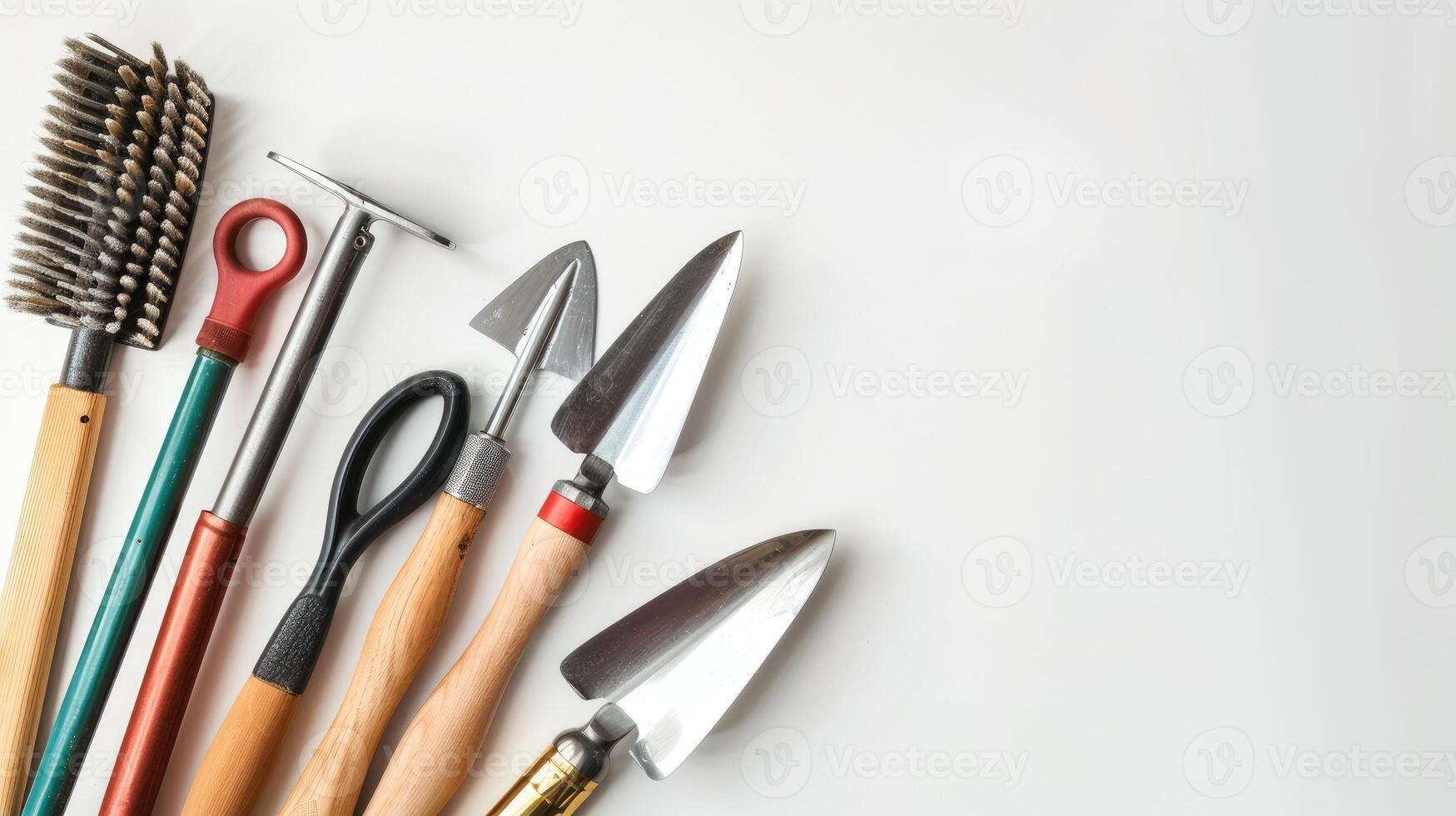 AI generated Gardening tools plants on white background with copy space. Spring in the garden concept banner with free text place photo