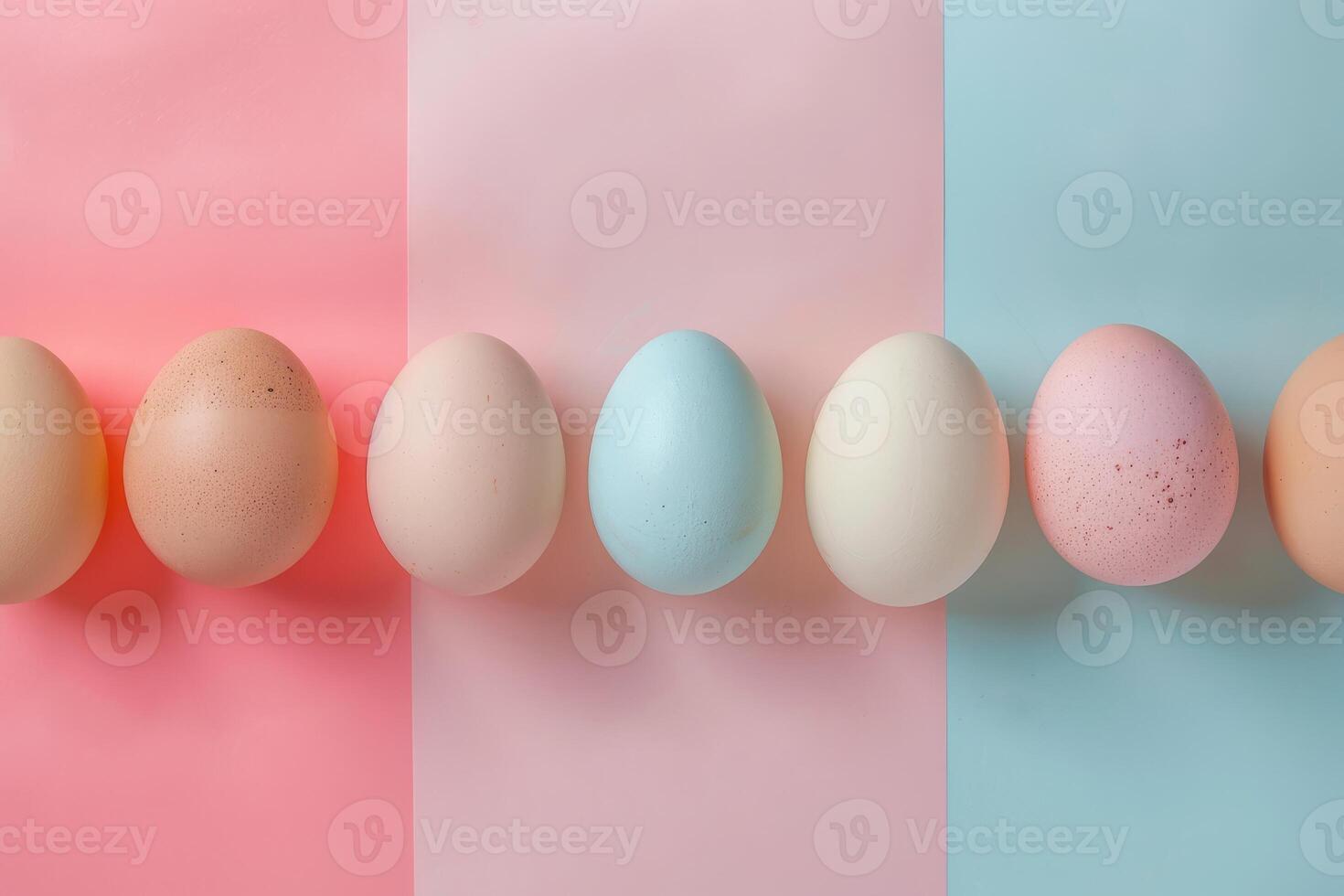 AI generated Top view pastel Easter eggs on pink background with Copy space. Holiday banner with colorful chicken eggshells photo