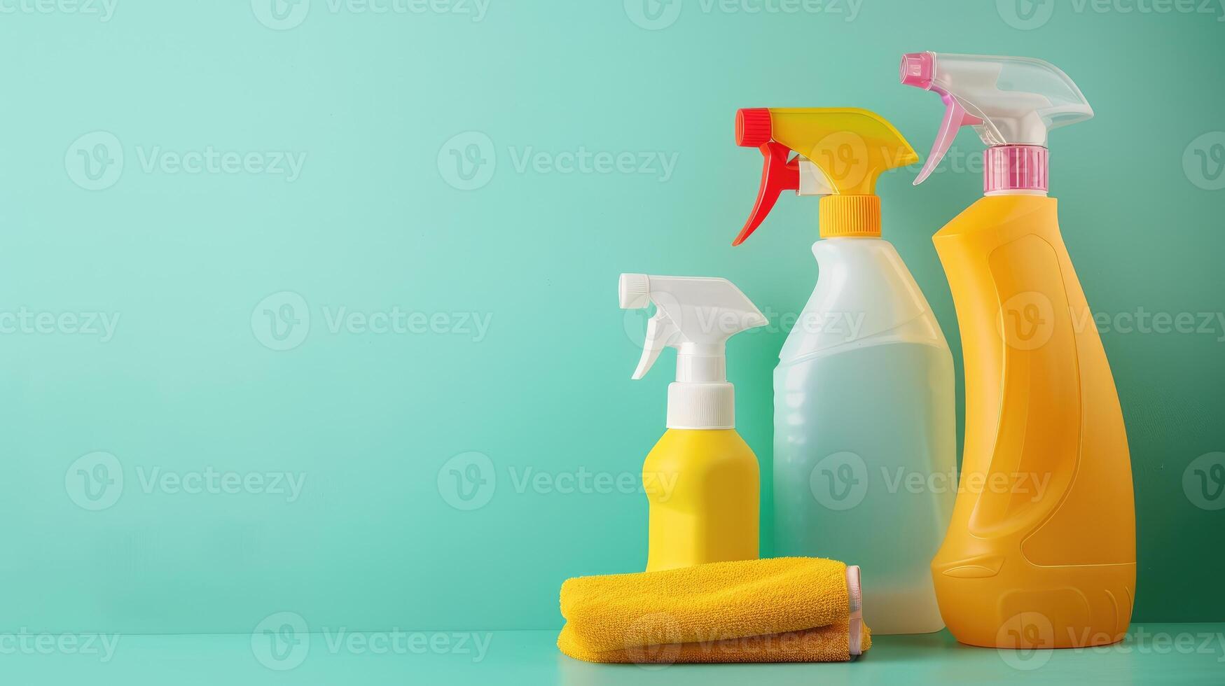 AI generated Banner of spring cleaning and decluttering empty place for text. Assortment of plastic bottles with cleaning supplies together sponges, brush on table with blue background and copy space photo