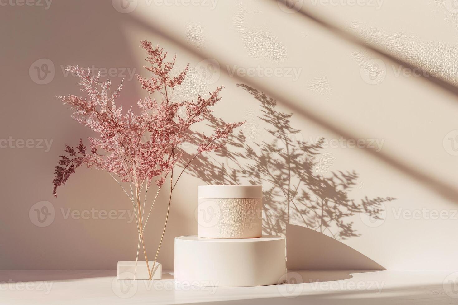AI generated Minimalistic empty 3D Podium in beige colors with dried flowers and shadow from the window. Empty elegant Pedestal for advertising and presentation of products and mock up cosmetics. photo