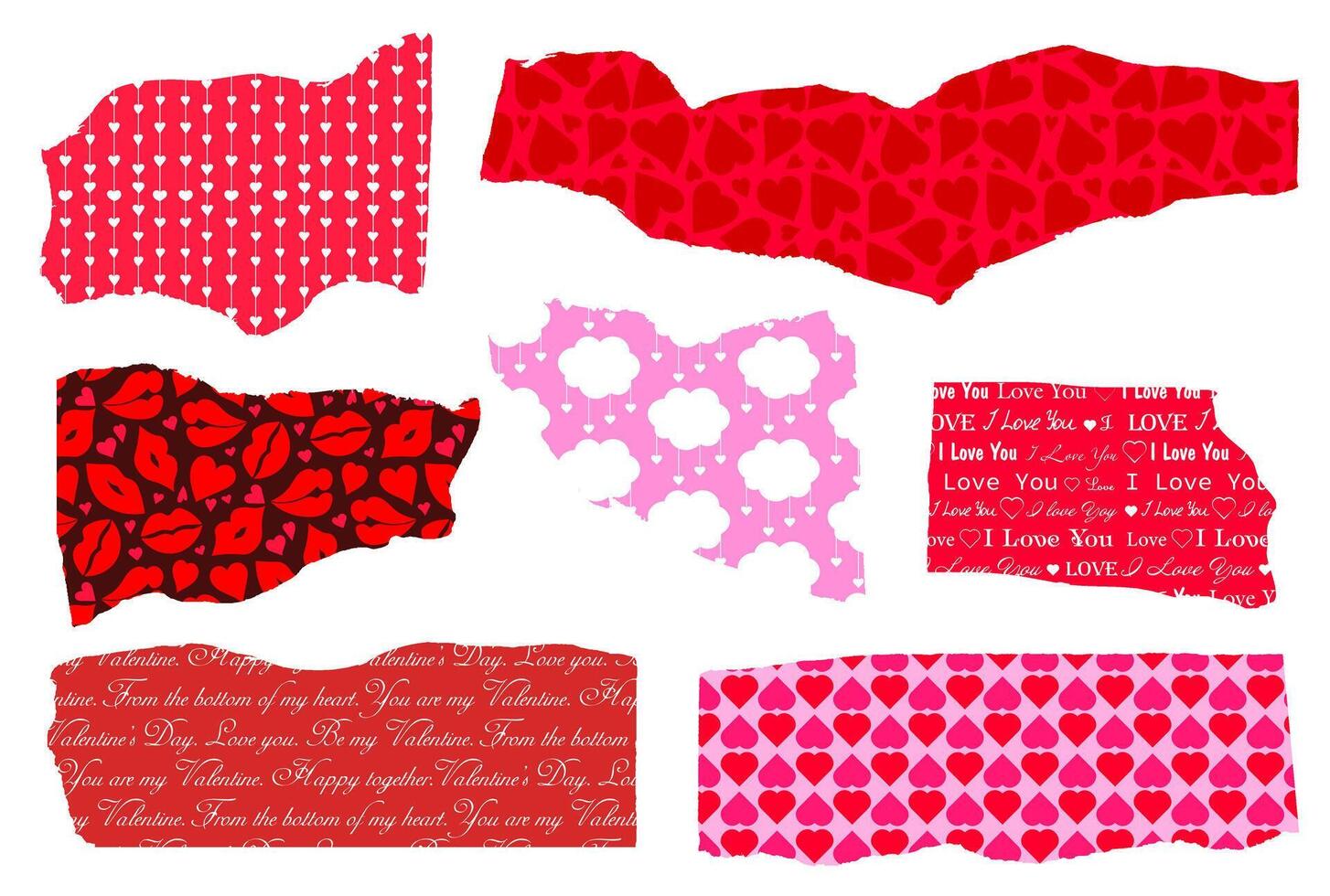 San Valentín día, romántico residuos de papel con romántico patrones. elementos para collages, Rasgado papel. vector ilustración, png.