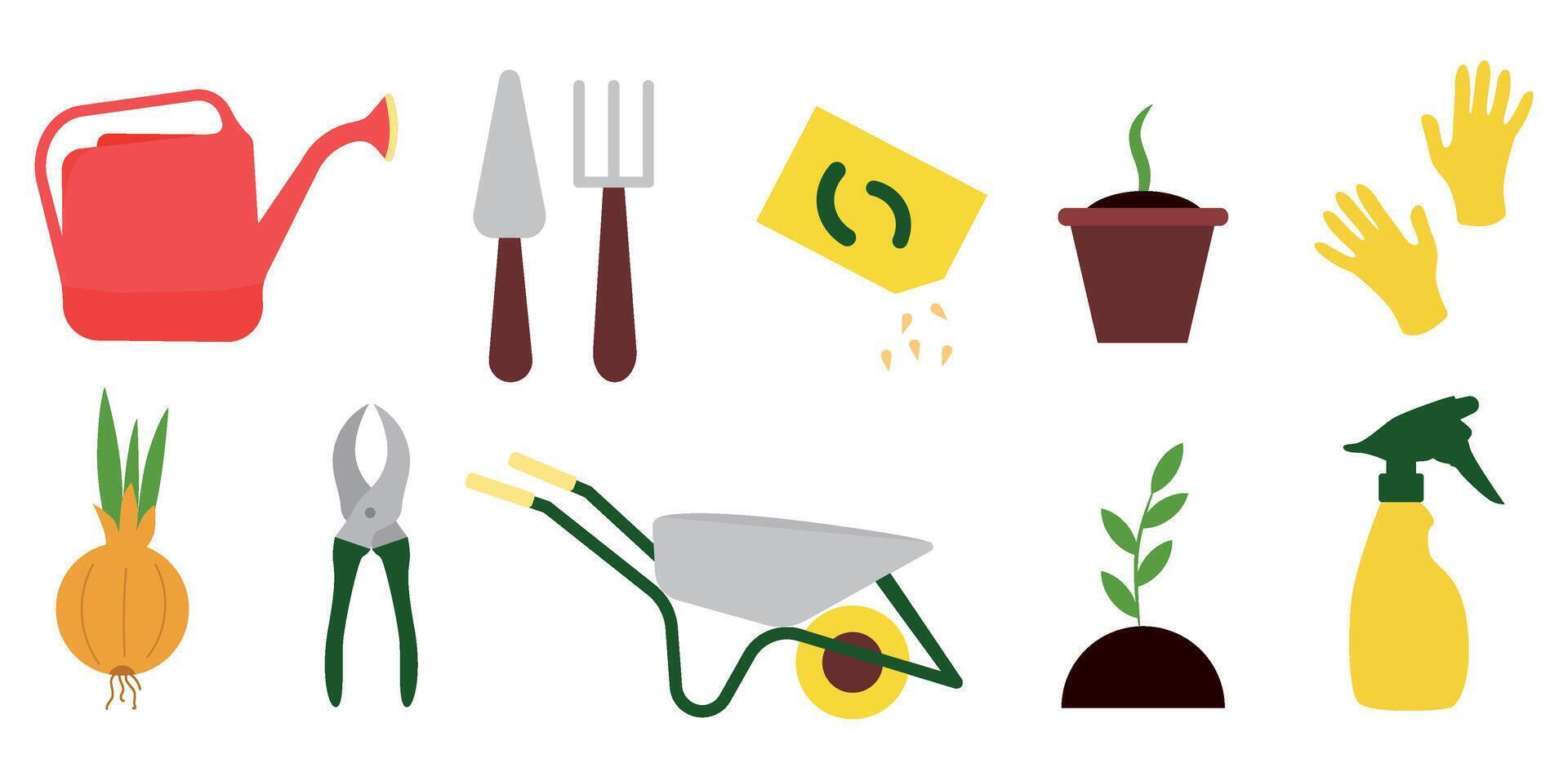A large collection of garden tools, seeds and plants for the garden. Gardening, growing plants. Design elements in flat cartoon style. Vector illustration.