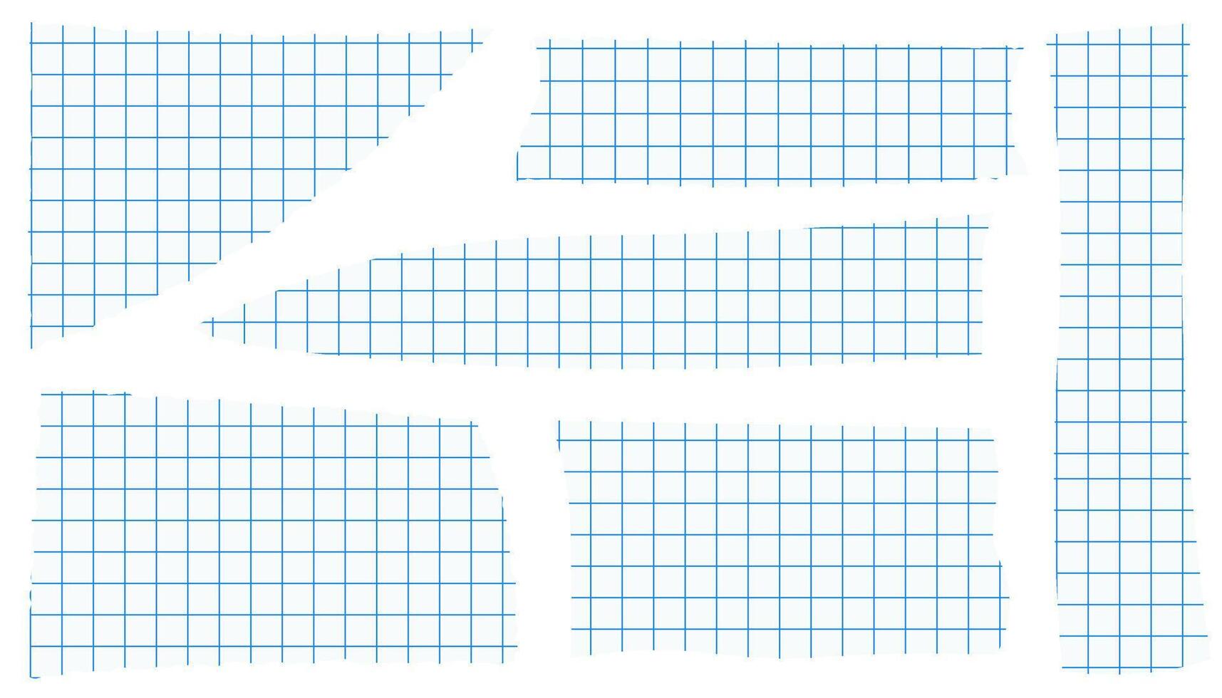 Collection of torn pieces of paper in a cell on an isolated background. Set of white pieces of notebook paper, torn out, and square sheets with a cell. Elements for collages, banner designs, etc. vector