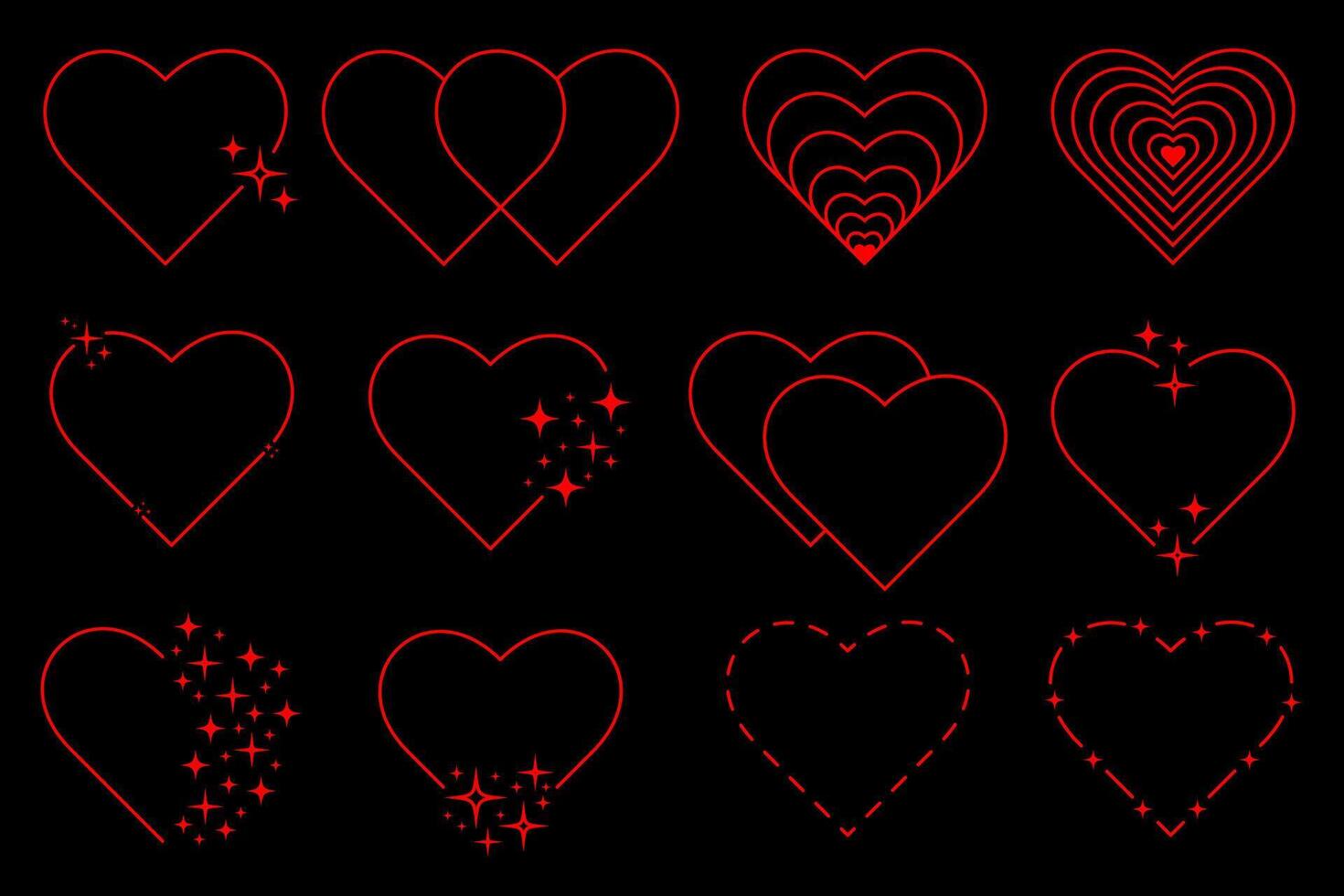 Linear heart shapes in trendy psychedelic style. Y2k 00s retro aesthetic. A set of hearts for cyberpunk designs. Vector illustration