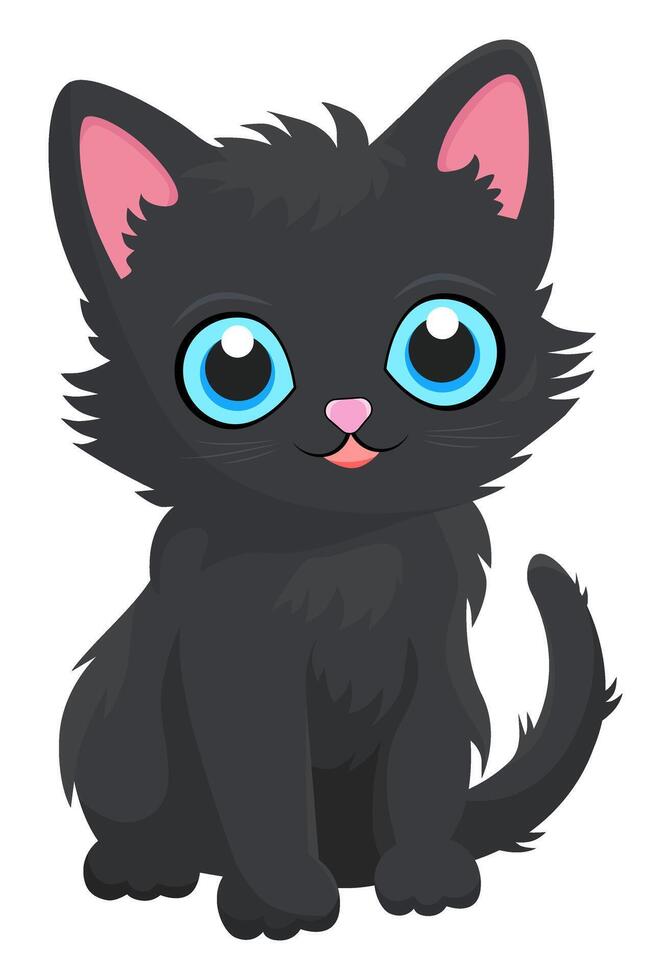 Cute black kitten with blue eyes. Kitten character, flat style. Vector illustration