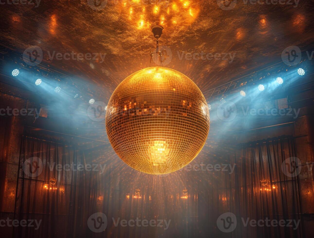 AI generated Disco ball. Gold disco ball hanging from the ceiling in nightclub photo