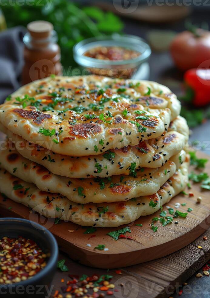 AI generated Homemade Indian naan bread with parsley and red pepper on wooden board photo