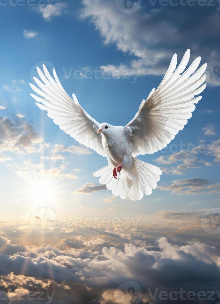 AI generated a white dove with wings flying in the sky photo