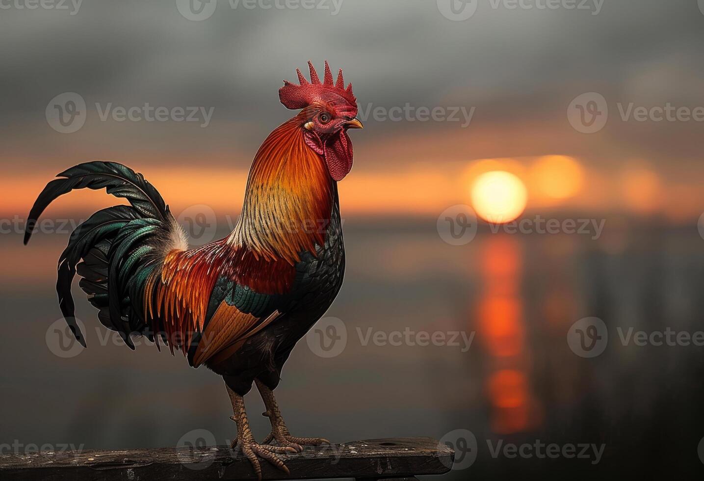 AI generated Rooster standing on fence at sunset photo