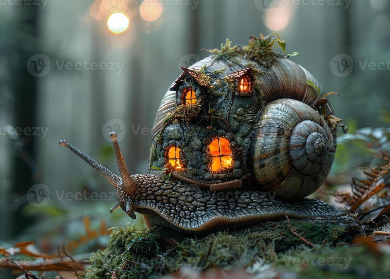 AI generated Snail house in the forest. A giant snail carrying a small house on its back photo