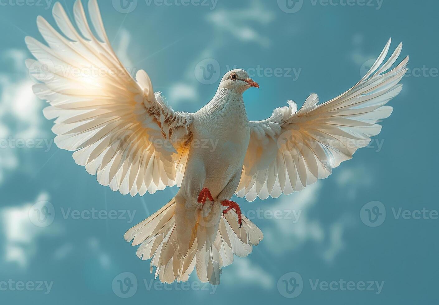 AI generated Dove in the air with wings wide open in-front of the sun photo