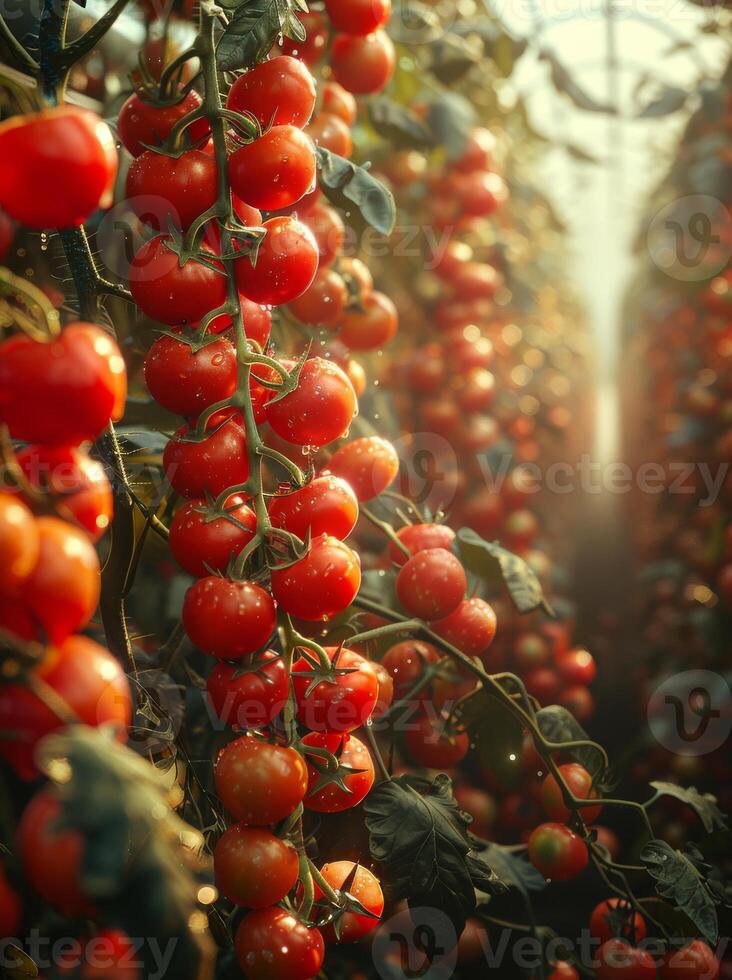 AI generated Ripe red tomatoes growing on branch in greenhouse photo