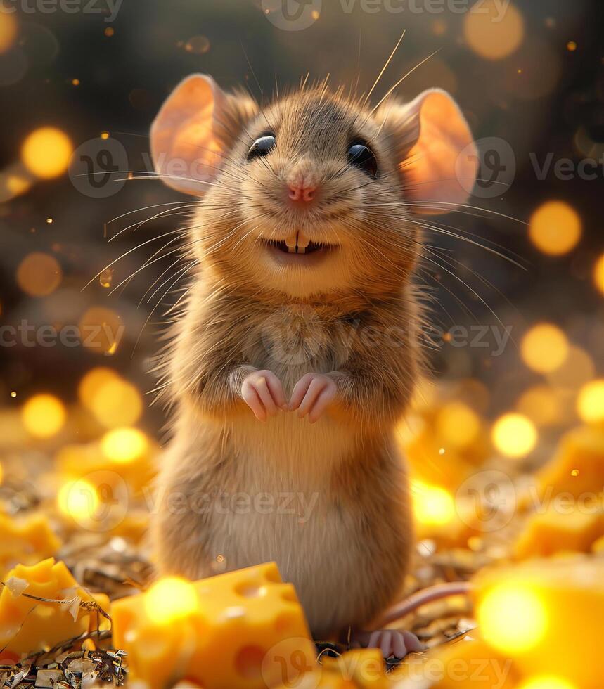 AI generated Cute little mouse stands on hind legs on the cheese in the cheese forest photo