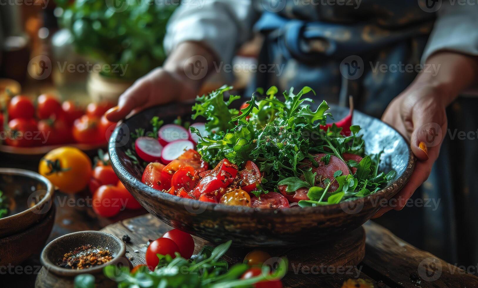 ai generado cocinero prepara vegetal ensalada en de madera cuenco foto