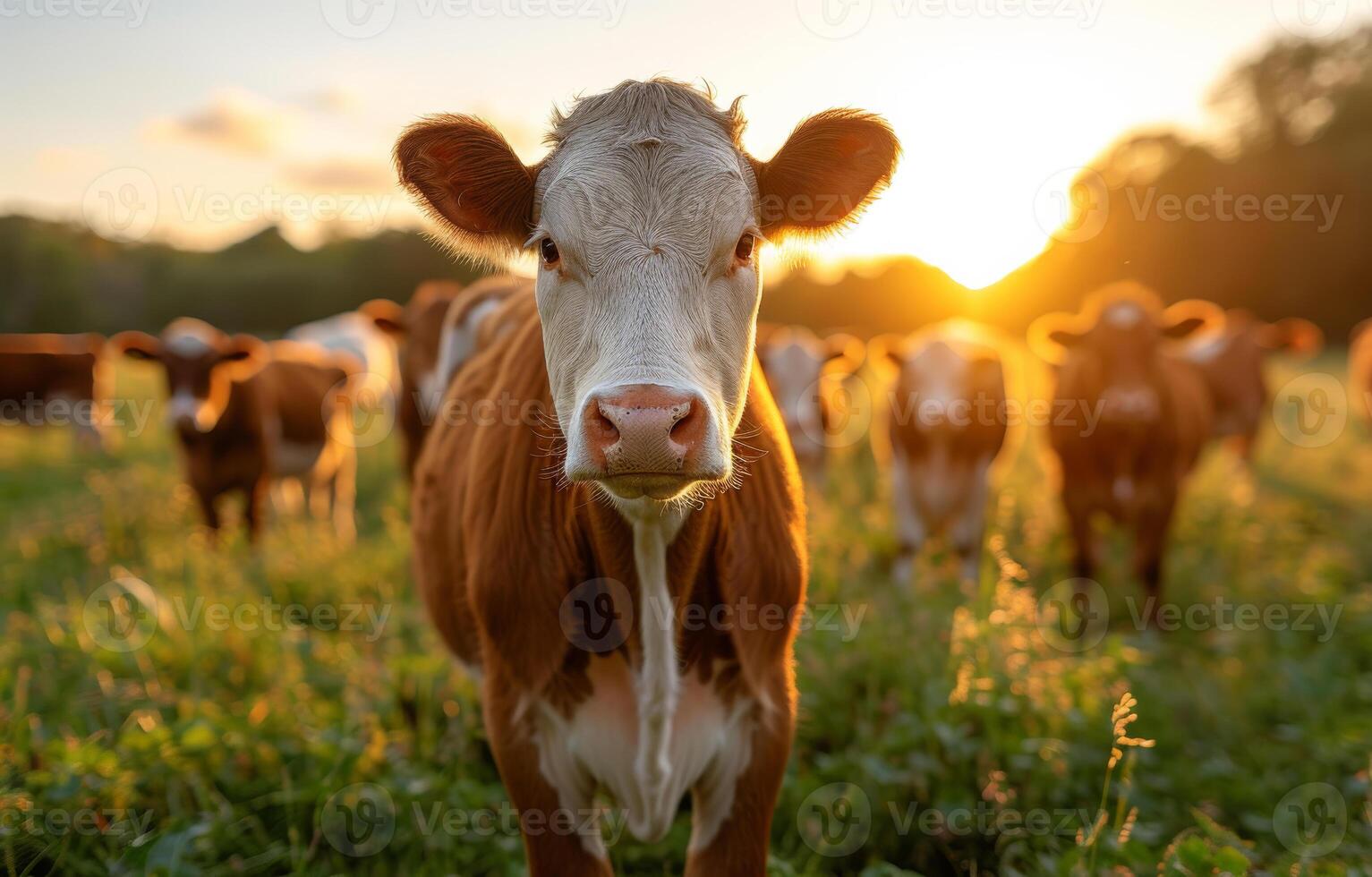 AI generated Curious young calf looking at the camera while standing in grassy pasture during sunset photo