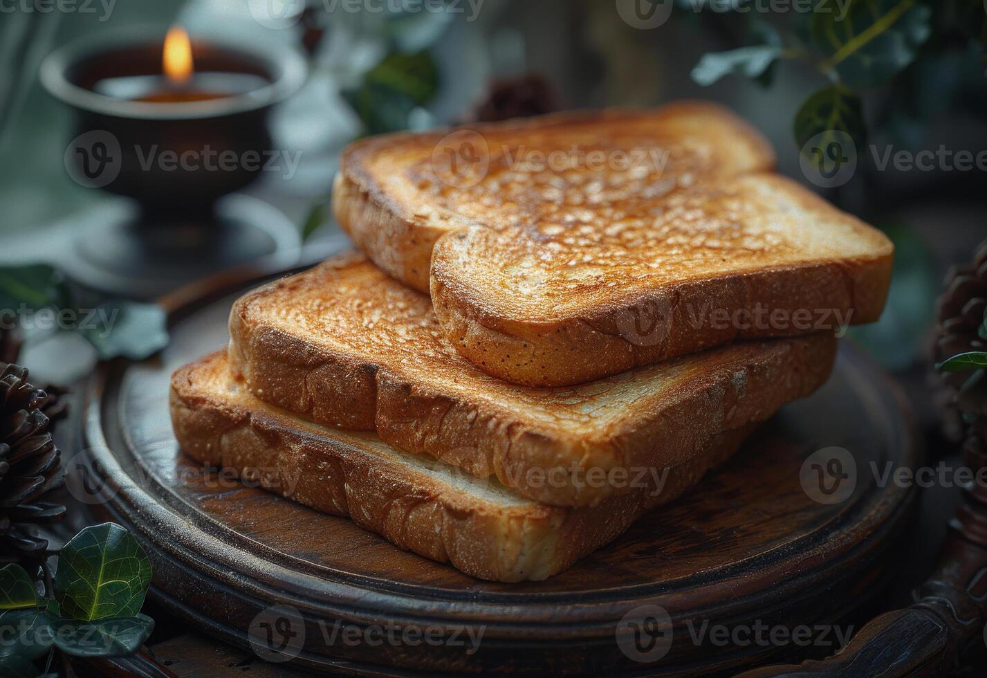 AI generated Toast bread on wooden plate and candle photo