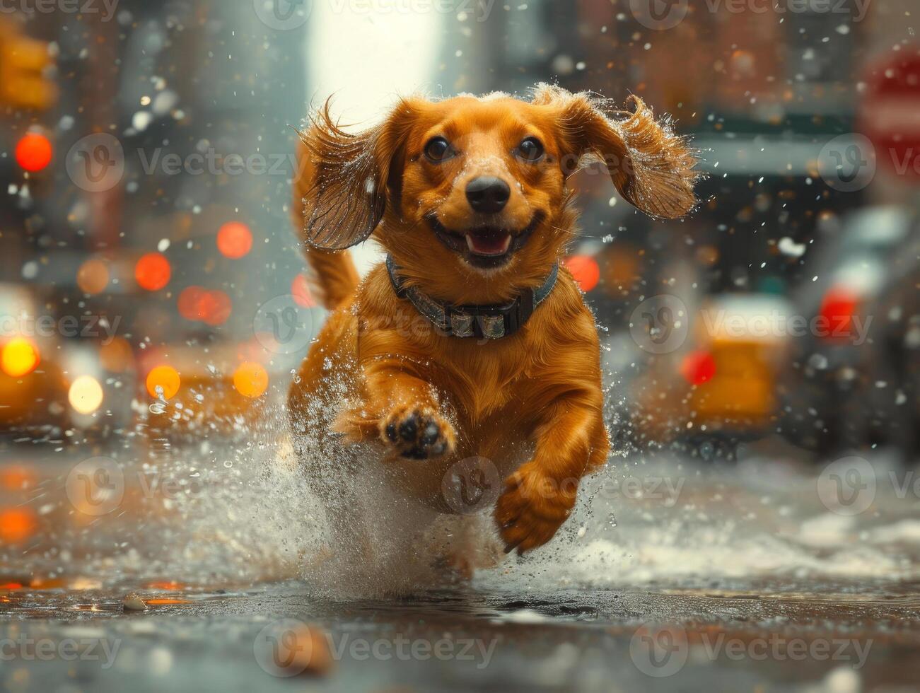 ai generado un perro tejonero corriendo pasado el en el ciudad arquitectura foto