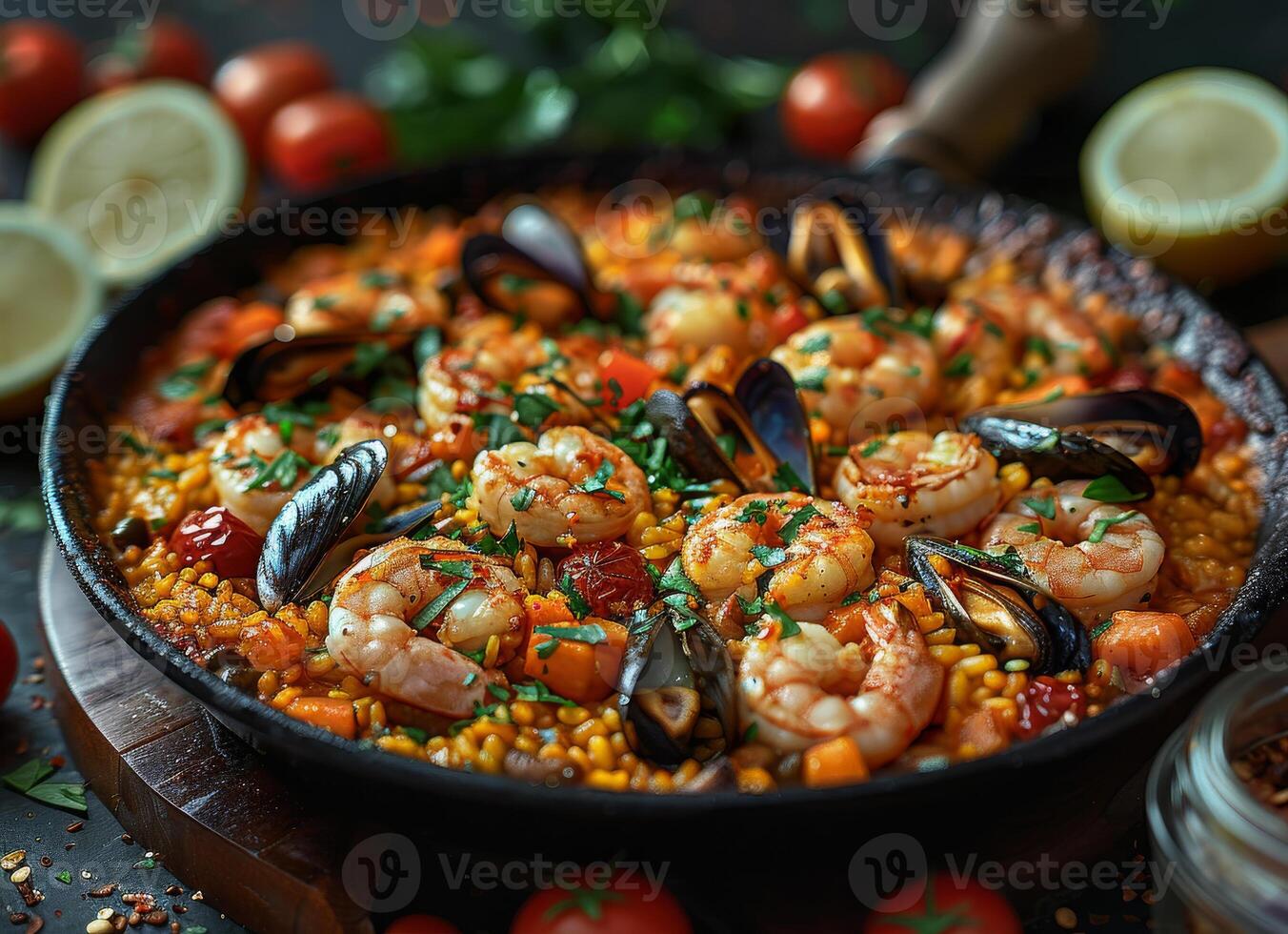 ai generado tradicional Mariscos paella en el freír pan en de madera antiguo mesa foto