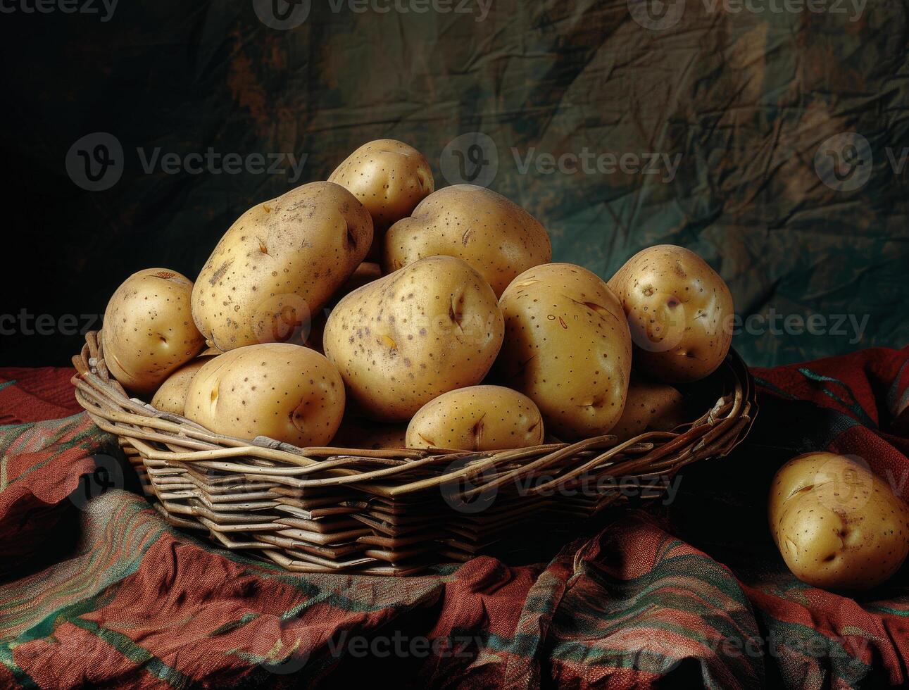 AI generated Potatoes in basket. Potatoes in a basket on a wooden table photo