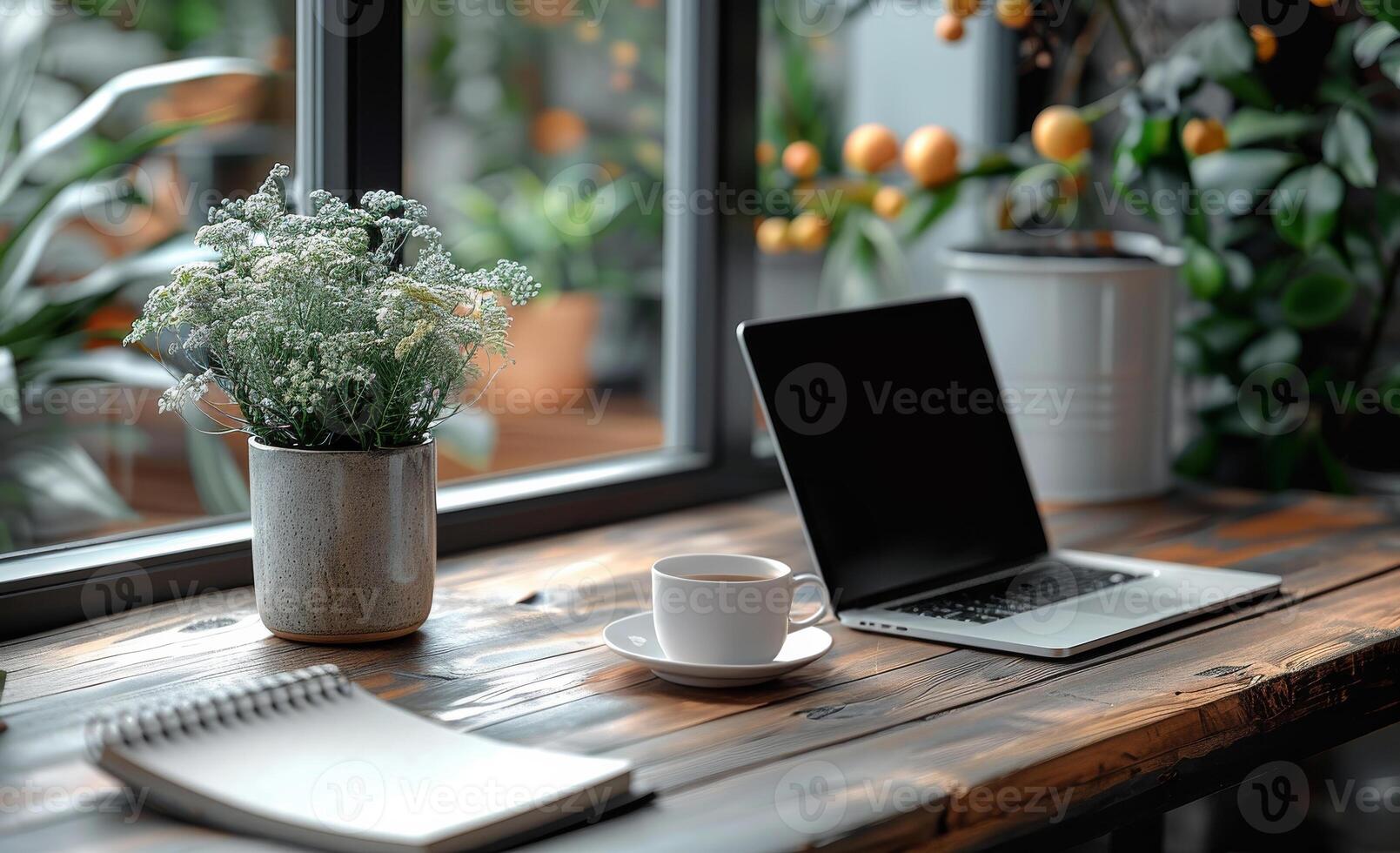 AI generated Laptop notebook and cup of coffee on wooden table photo