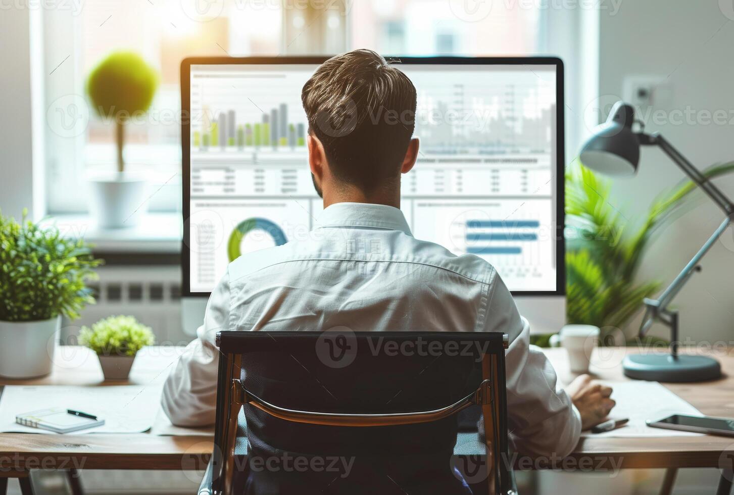 AI generated Businessman working at office desk and analyzing financial data on computer screen back view photo