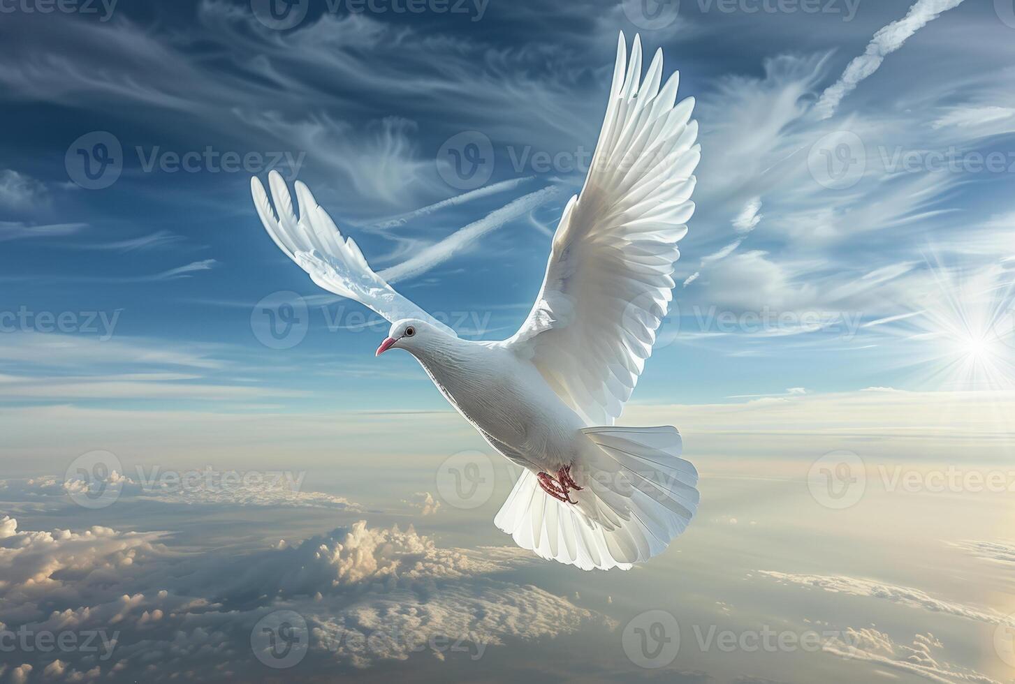 AI generated White dove flying in the sun rays among the clouds photo