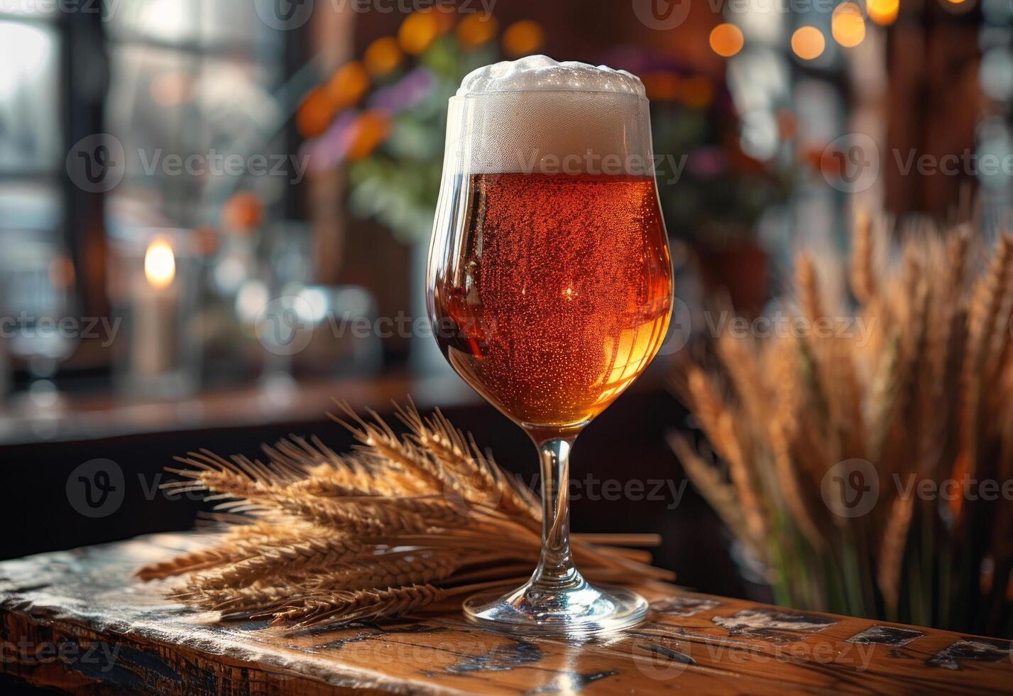 AI generated Glass of cold light beer with foam on the wooden bar counter in pub photo