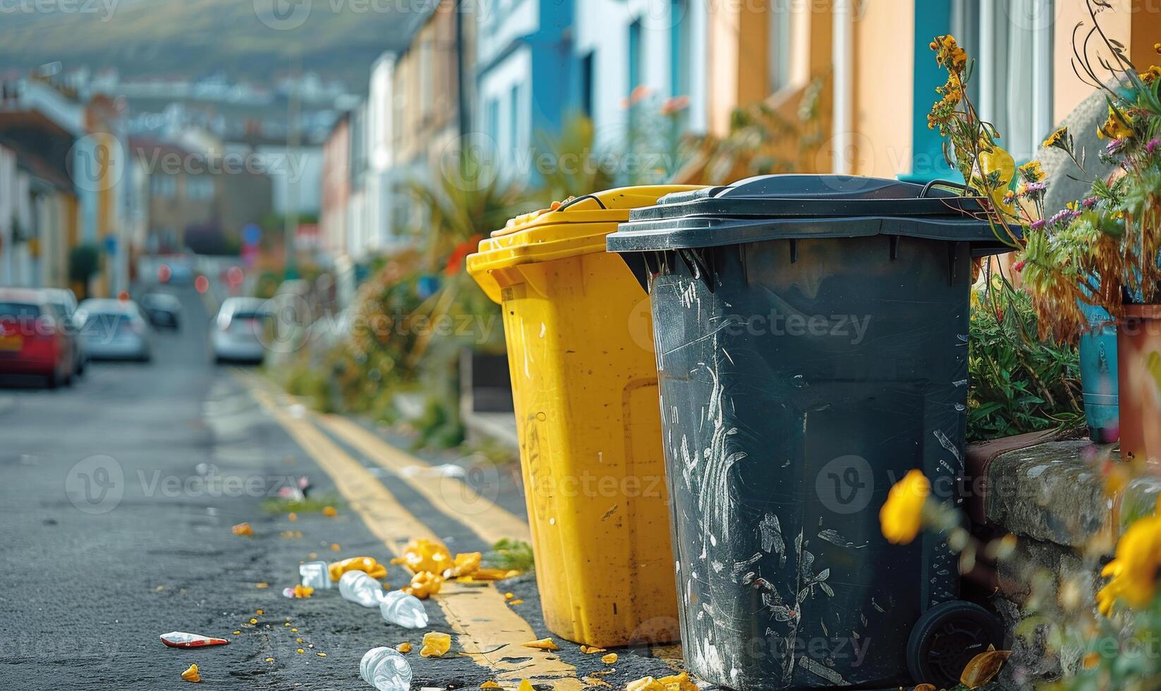 AI generated Two wheelie bins and rubbish on the street photo