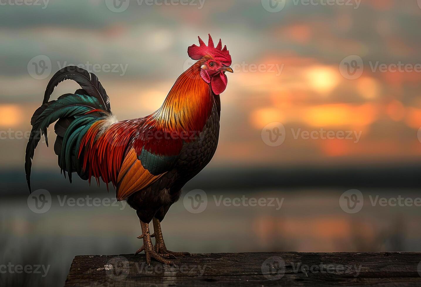 ai generado gallo en pie en de madera cerca a puesta de sol foto