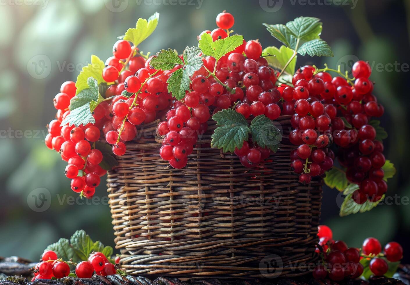 AI generated Basket with red currants on wooden table in the garden photo