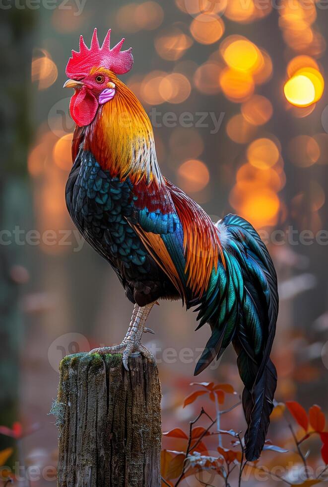 AI generated Rooster or Fighting cock in the morning with bokeh lights photo