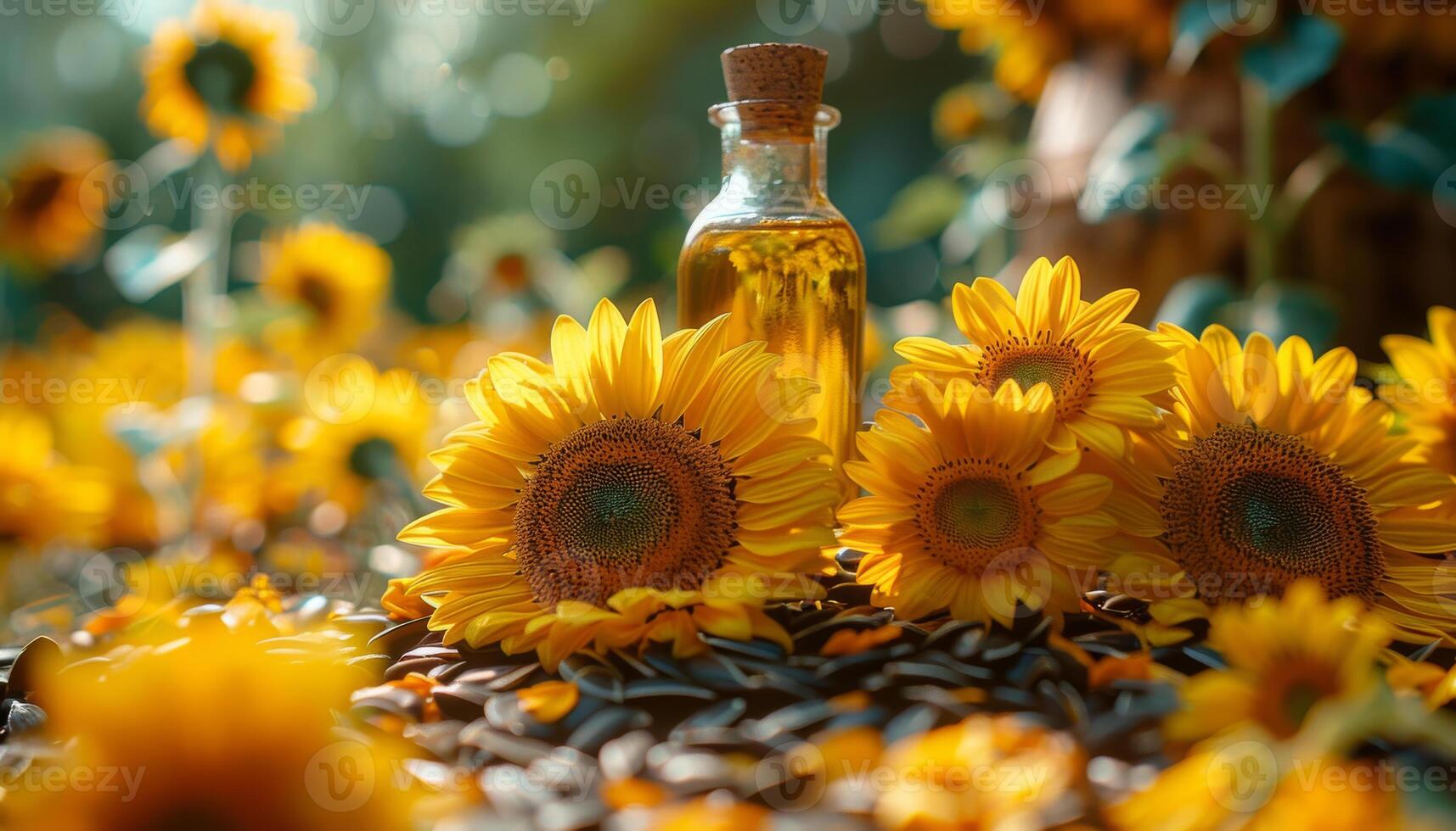 AI generated Sunflower oil in glass bottle and fresh sunflowers on field photo