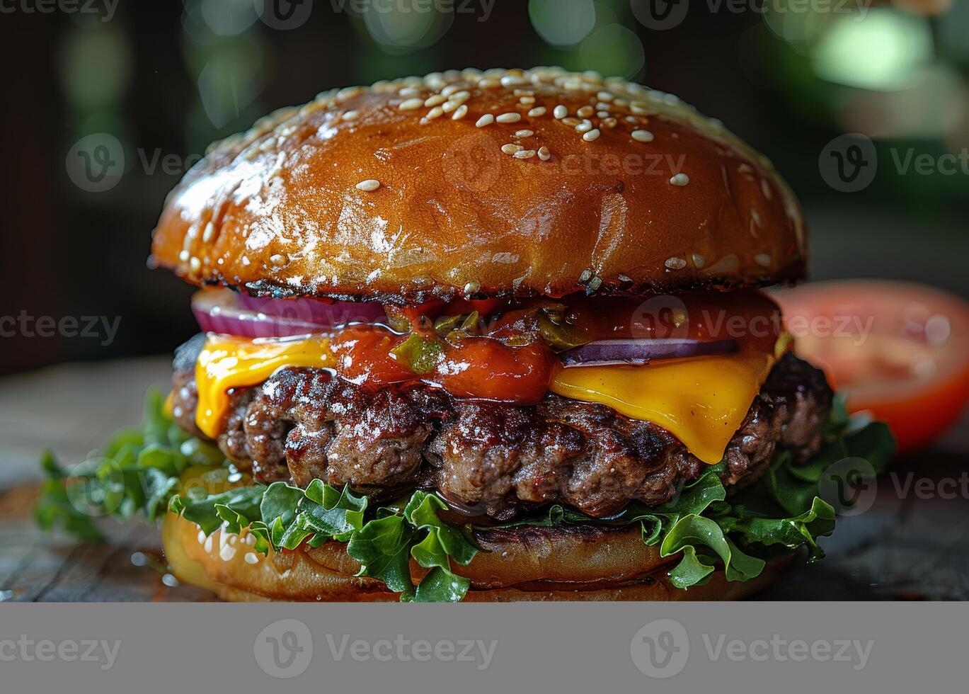 AI generated Delicious cheeseburger with lettuce tomato onion and cheese photo