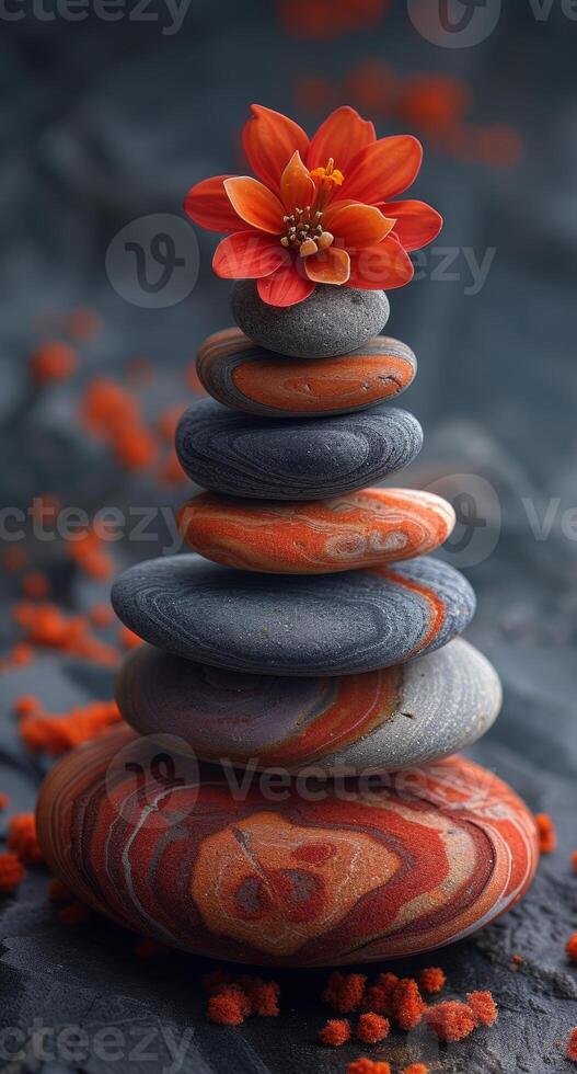 AI generated Zen stones and orange flower on dark background photo