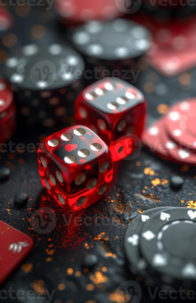 AI generated Red dice and poker chips on dark background photo