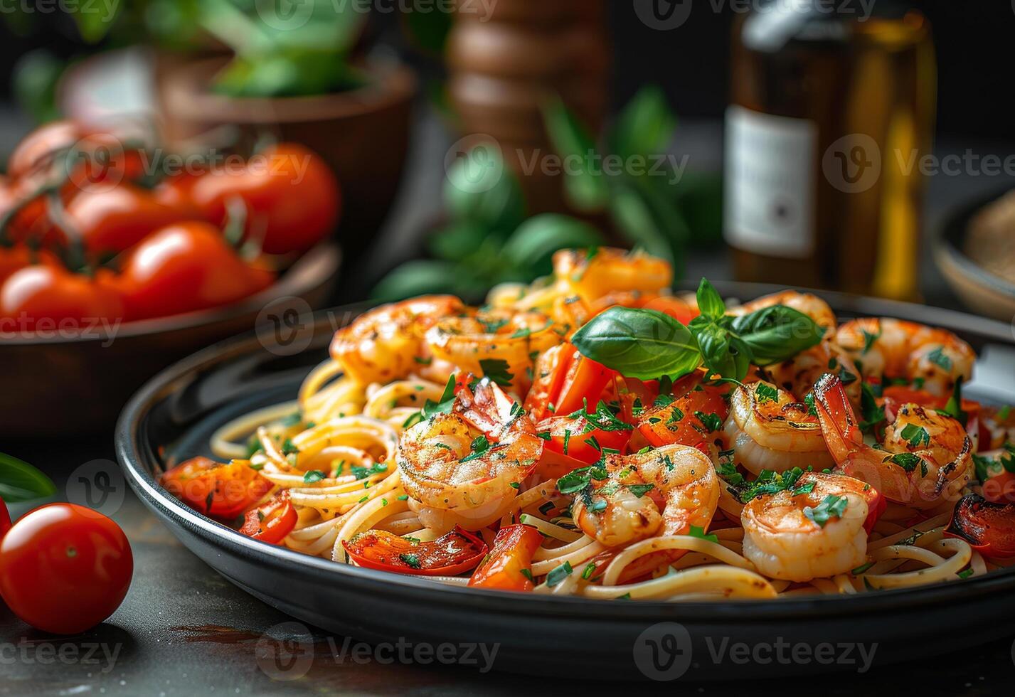 AI generated Delicious shrimps and linguine pasta in tomato sauce on black plate photo
