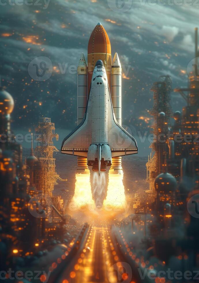 AI generated Space shuttle takes off on mission. Rocket starts into space concept. photo