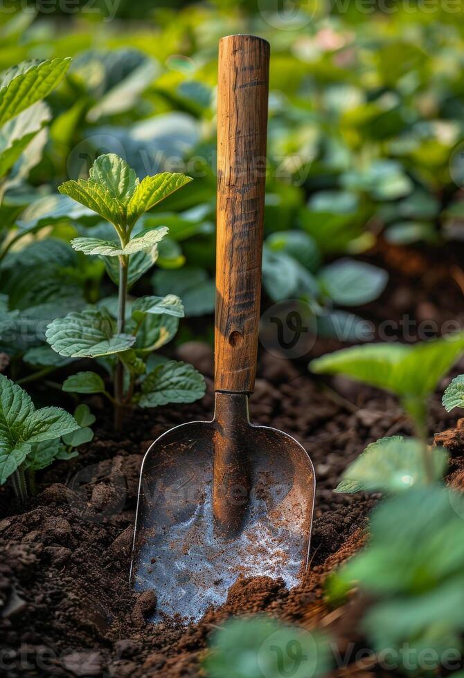AI generated Shovel is placed on the soil in the garden. photo