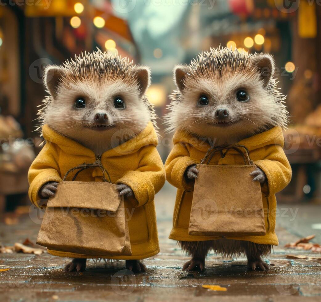AI generated Two hedgehogs dressed in yellow coats and holding brown paper bags stand on city street. photo