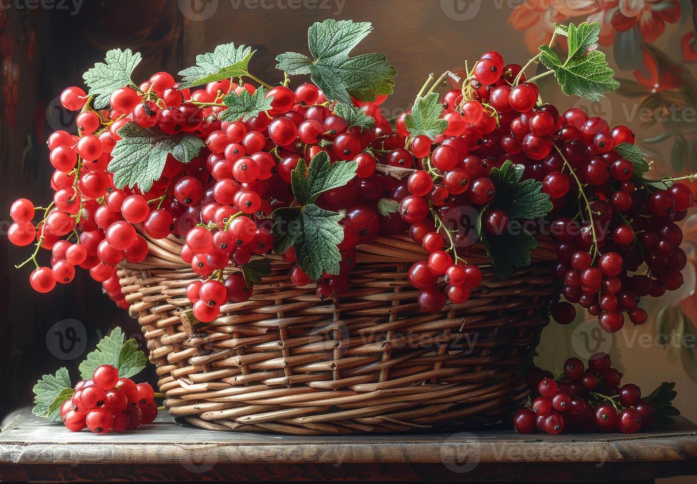 AI generated Basket with red currants on the table photo